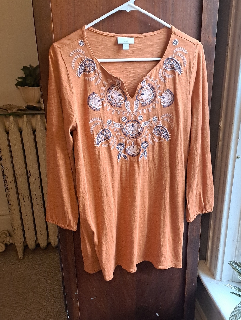 J. Jill  Women's Size S Brown Embroidered Split-Neck Tunic